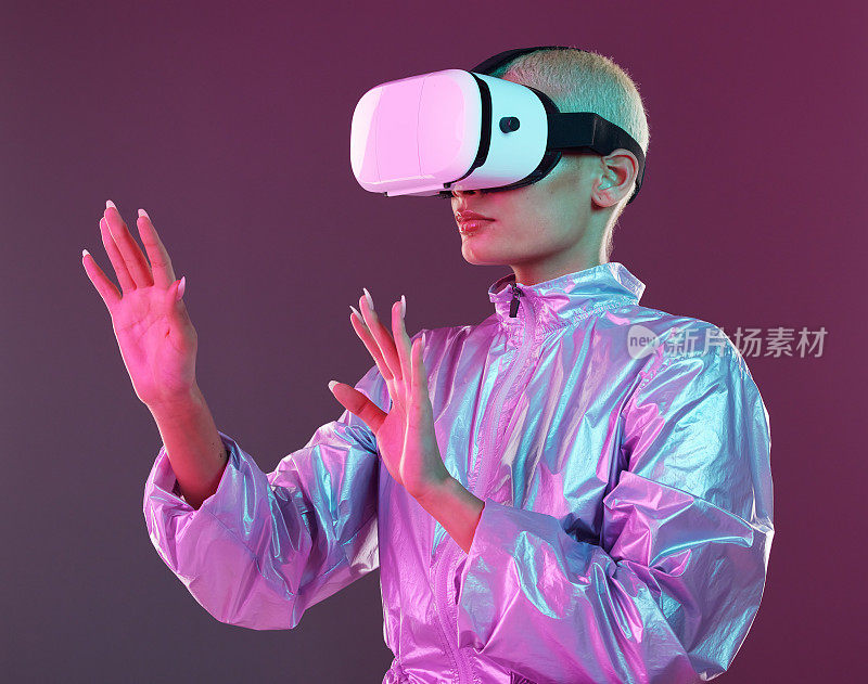 Virtual reality glasses, woman and metaverse for futuristic gaming, digital transformation and tech. Cyberpunk person hands on studio background with vr headset for 3d and cyber world user experience